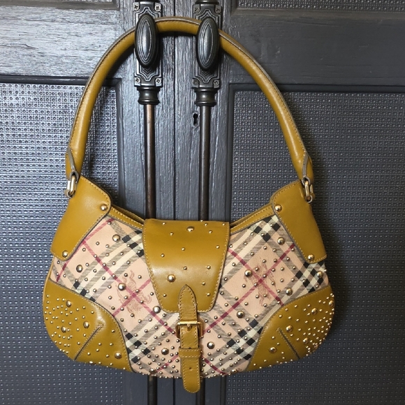 Burberry Handbags - Burberry Mustard and Plaid Studded Shoulder Bag